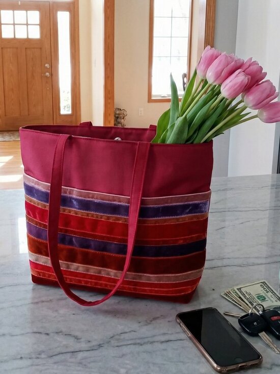 Bath & Body Works Handbags - Nice Bath & Body Works Burgundy Tote Satin Velvet Stripes Roomy Purse/Handbag